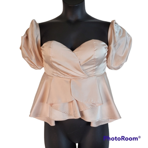 Corset top pale pink satin look puffer sleeve size‎ L